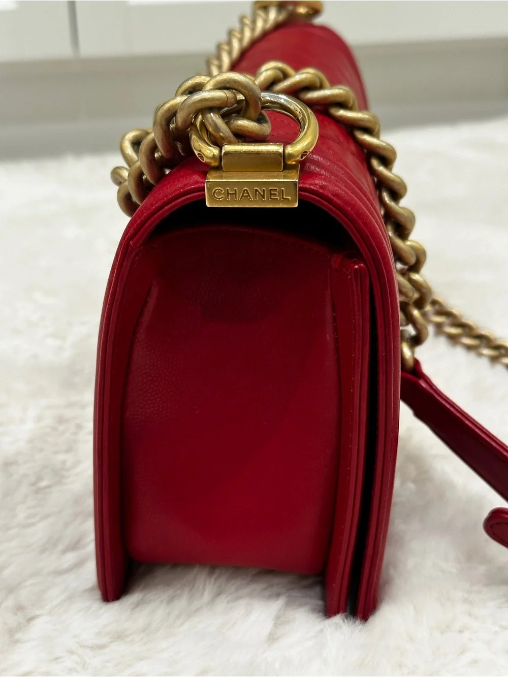 CHANEL Red Quilted Crossbody with Gold Chain Strap